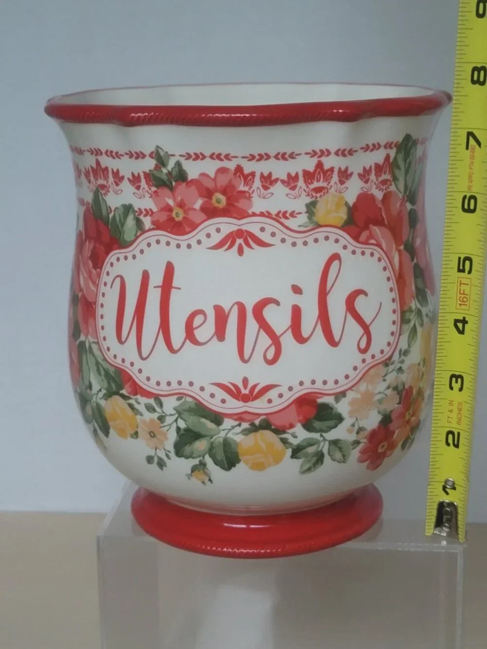 The Pioneer Woman Vintage Floral Ceramic Farmhouse Crock Pot Utensil Holder 7 in